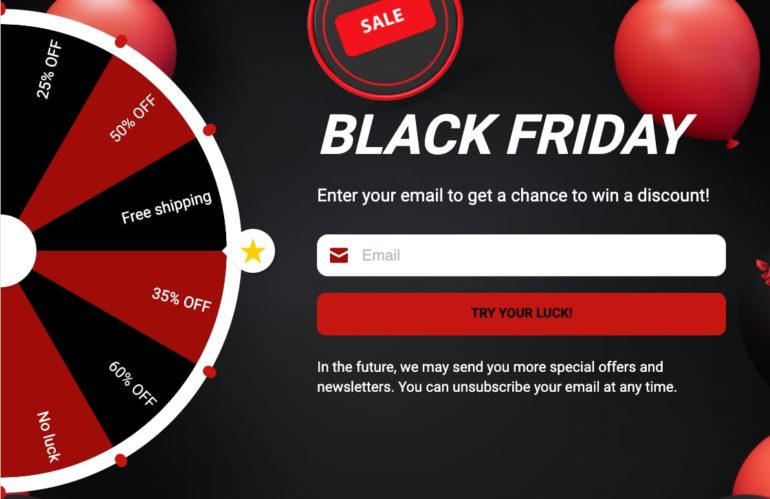 Black Friday spin-to-win wheel popup with email signup