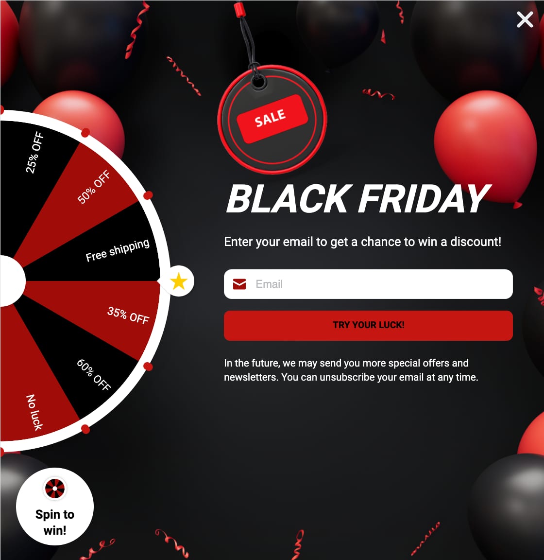 Black Friday spin-to-win wheel popup with email signup